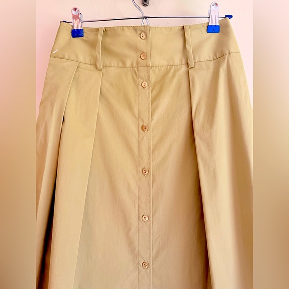 STAUD Khaki Button-Front A-Line Kingsley Midi Skirt sz 2 Pleated Stretch Cotton - Picture 3 of 8